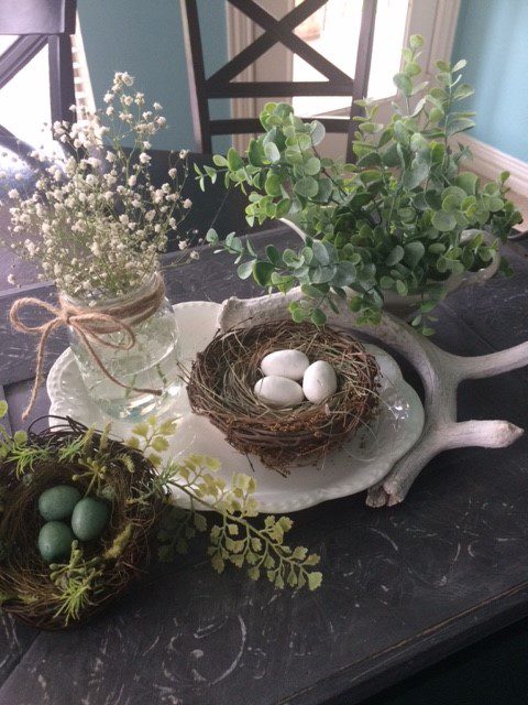 Spring decor on tray with Baby's Breath