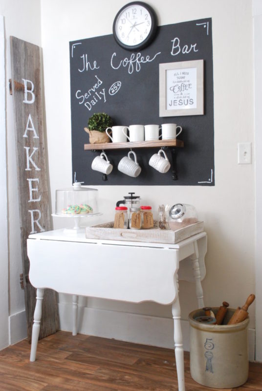 Adding a Coffee station with chalkboard wall has farmhouse charm