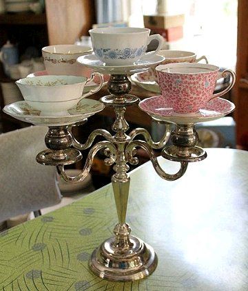 teacup candelabra made with vintage cups and saucers