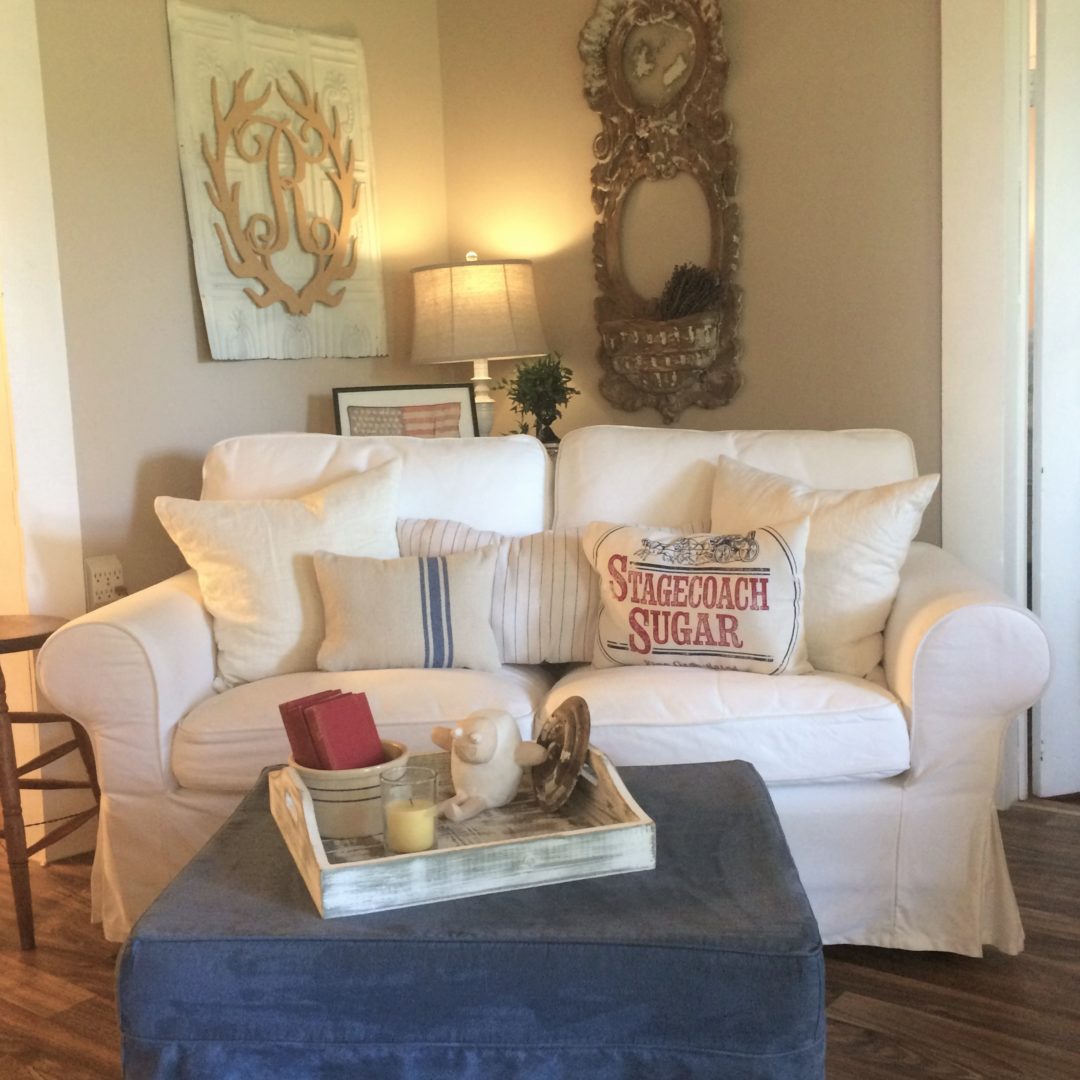 Sofa with vintage pillows made for the July 4th decor