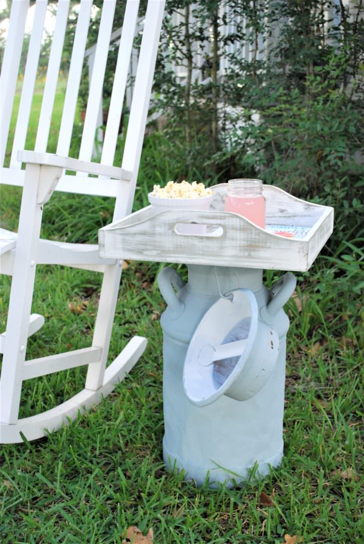 tray used for a side table on vintage milk can