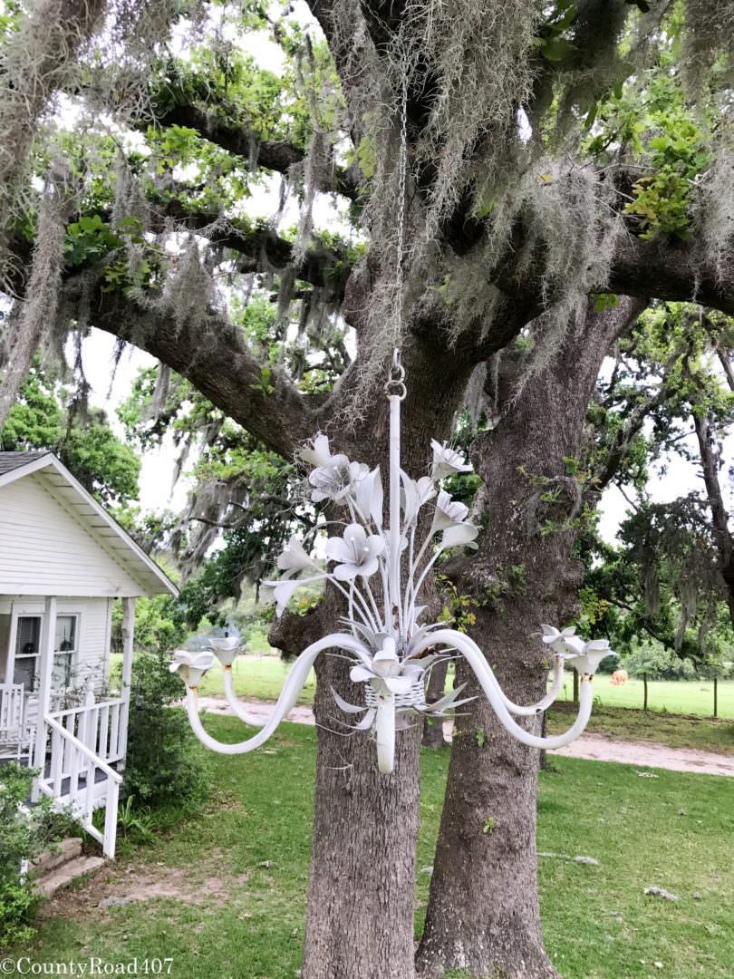 Hang a chandelier from the trees outdoors for a fun farmhouse look. Countyroad407.com