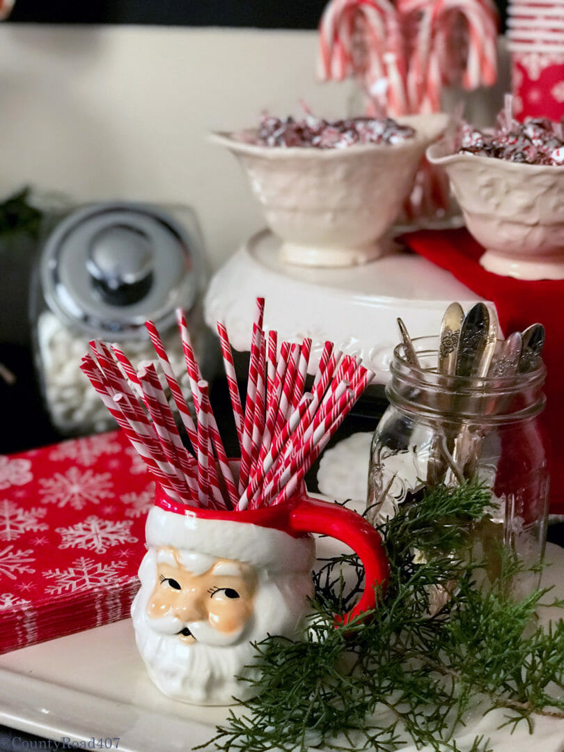 Use vintage items for a fun Christmas Cocoa Bar by CountyRoad407.com