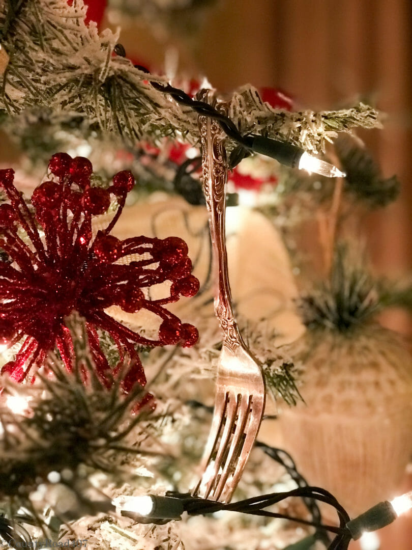 Antique silverware used as ornaments on a Hodge Podge Christmas tree