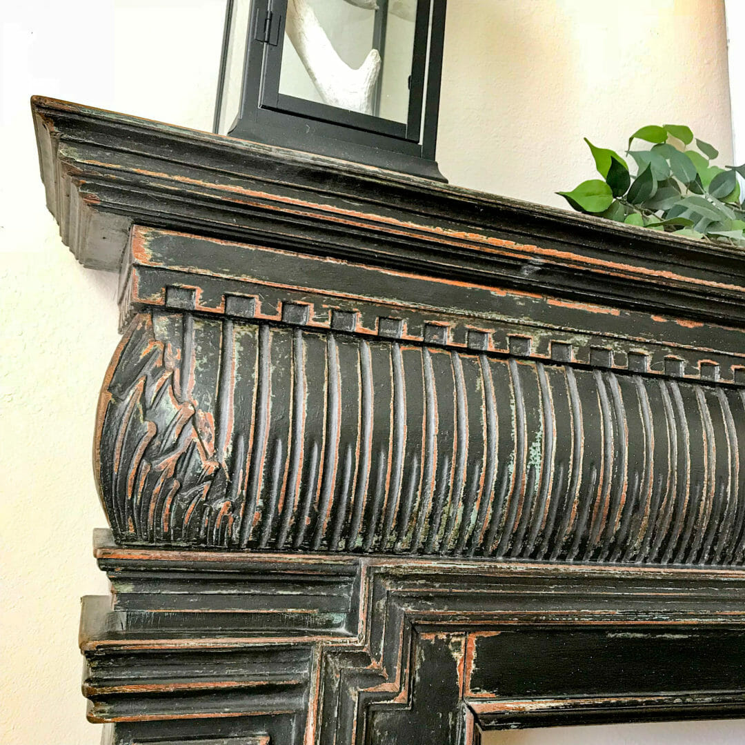 Distressed detail on a large mantel for a statement piece by CountyRoad407.com