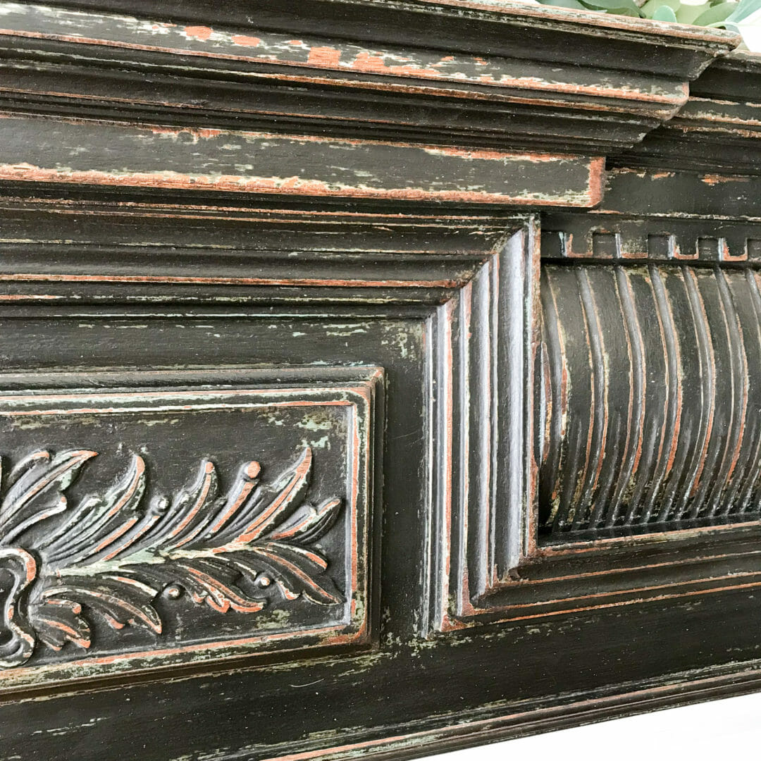 The mantel statement piece or the dining room has great distressed coloring by CountyRoad407.com