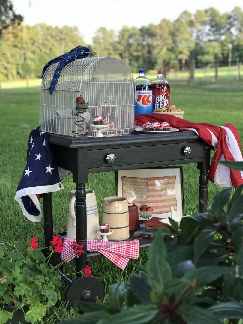 Patriotic cart with DIY vintage birdcage food tent by CountyRoad407.com