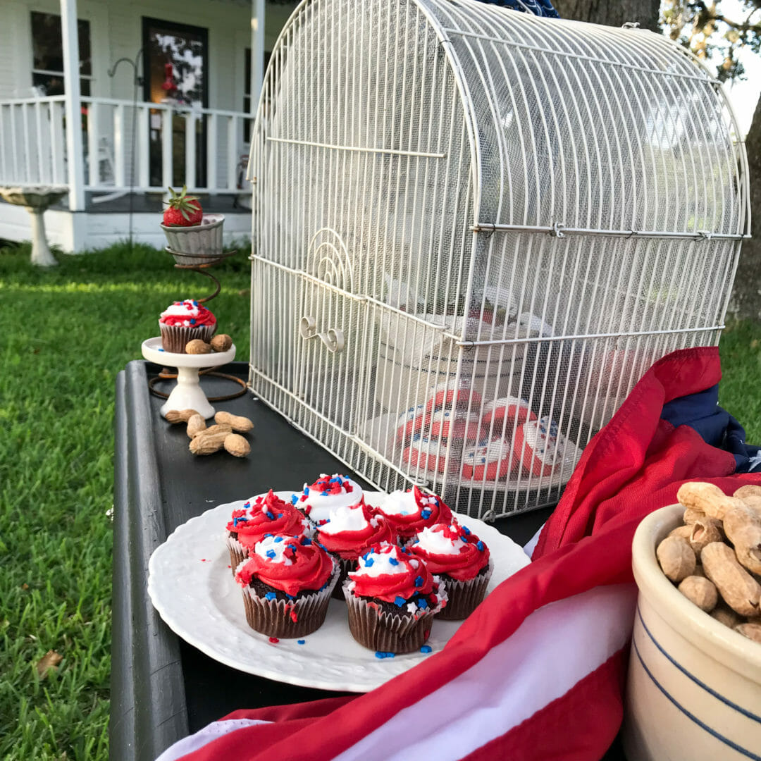 patriotic teacart with vintage birdcage food cover by countyroad407.com