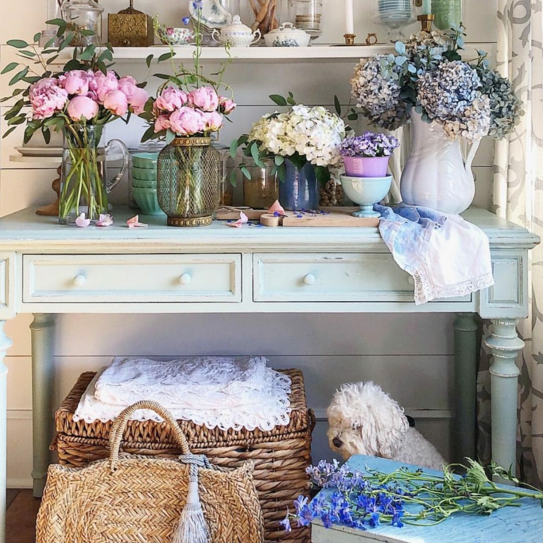 Beautiful, farmhouse, vintage looking she shed on Instagram worth following by CountyRoad407.com 