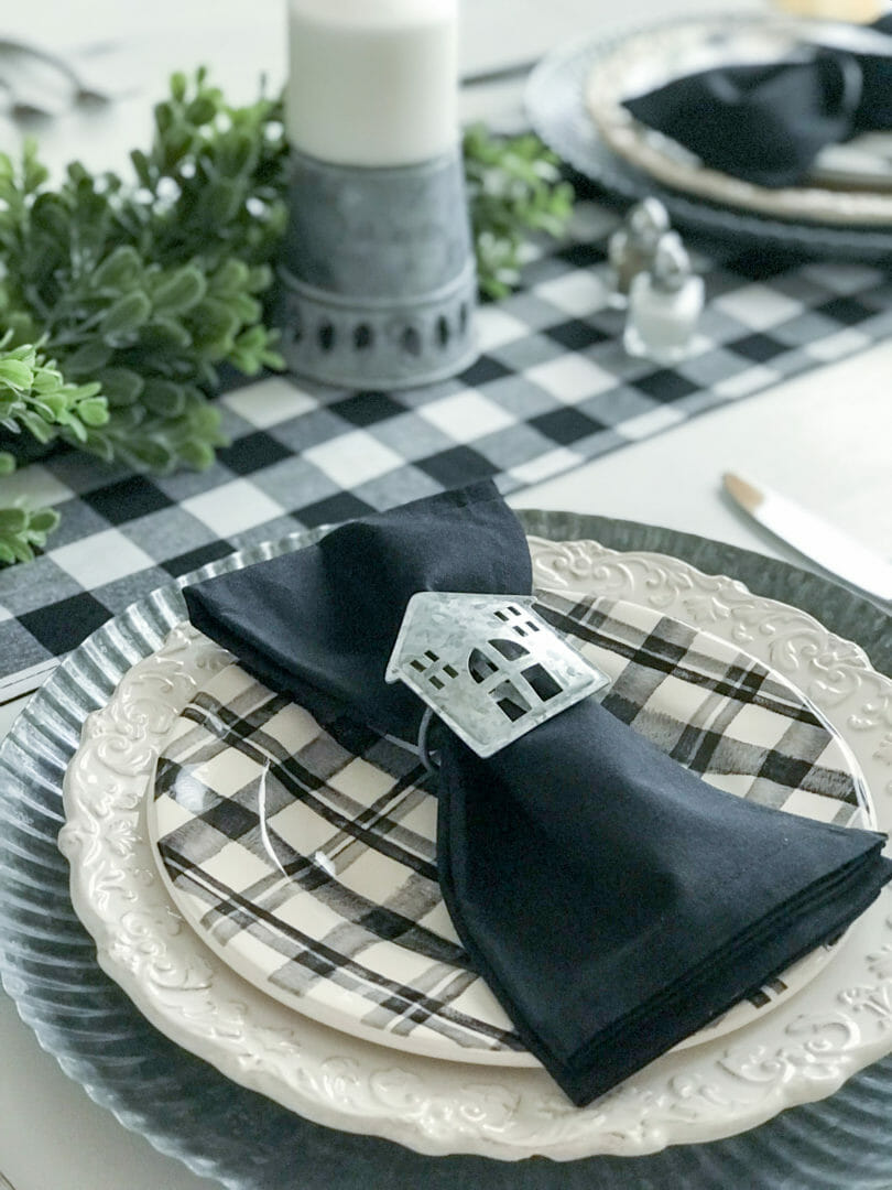 Mixing patters dresses up basic table top decor by CountyRoad407.com