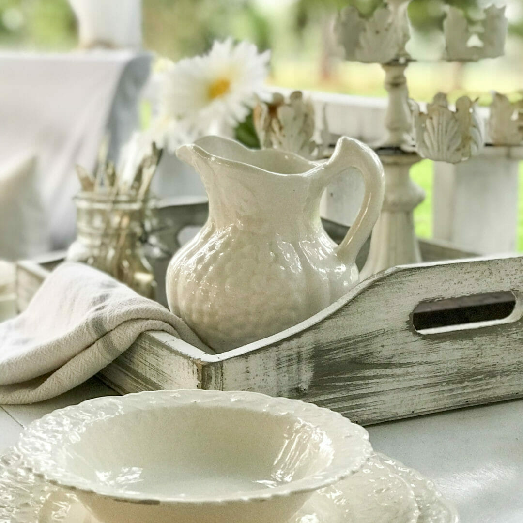 white ironstone bowl, pitcher with flower and tray