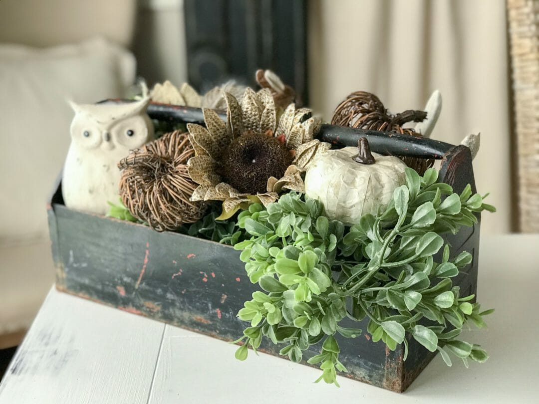 Using a vintage tool box for a fall centerpiece by CountyRoad407.com