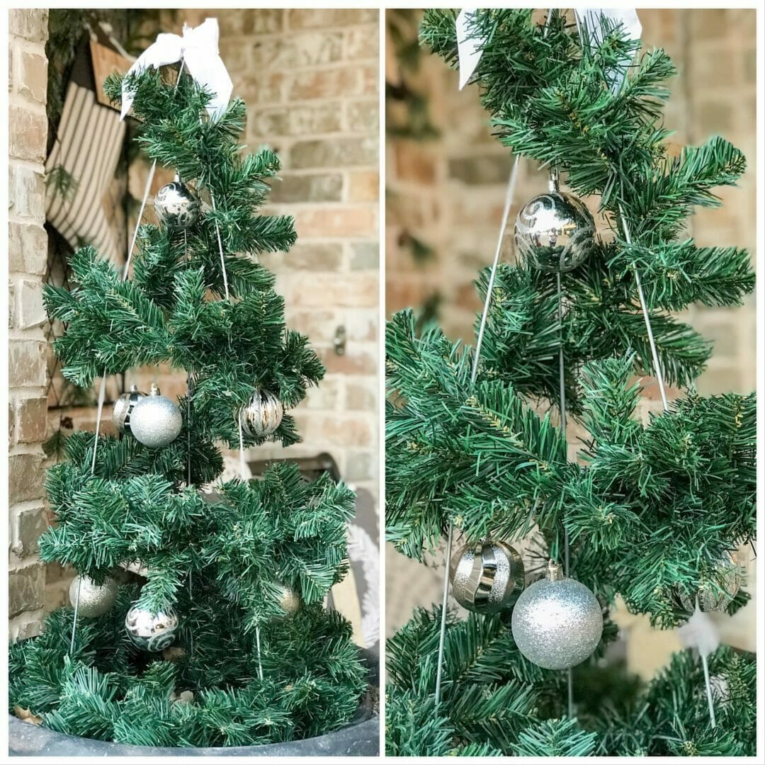 DIY tomato cage tree for a cozy Christmas porchette. By CountyRoad407.com #EasyDIY #DIY #ChristmasDIY #ChristmasPorchDecor