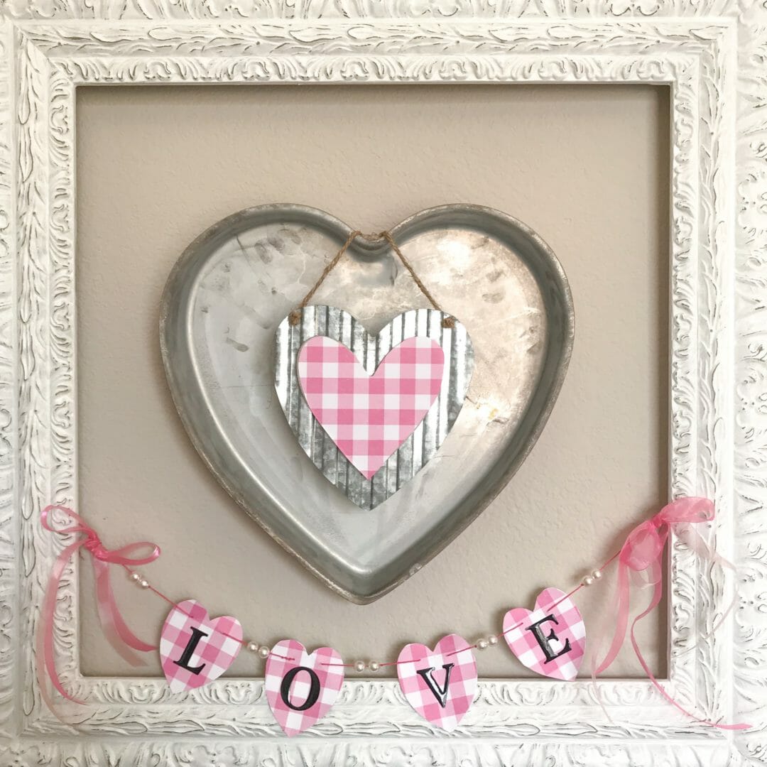 Pinterest Challenge Valentine Wreath with cake pan by CountyRoad407.com #PinterestChallenge #ValentineWreath #CakepanWreath #ValentineDIY #DIY #Repurposedcakepan #Repurpose #VintageInspiredWreath #Wreath #ValentinesDayCraft #ValentineDIY