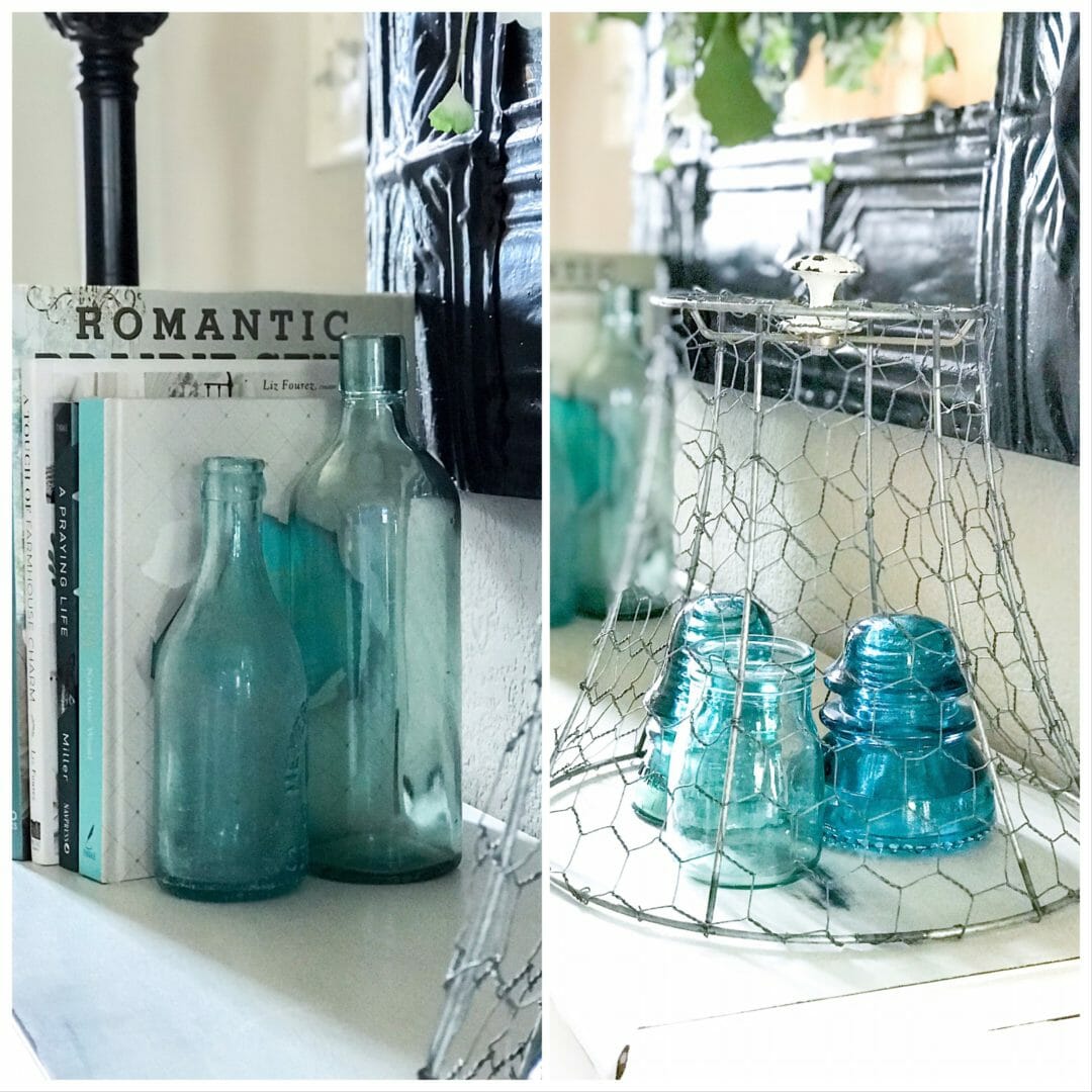 An easy way to add color for a spring look by CountyRad407.com #springdecor #vintagedecor #modernfarmhouse #modernfarmhousedecor #usingvintagedecor #Vintagebluebottles #decor #springdecorating 