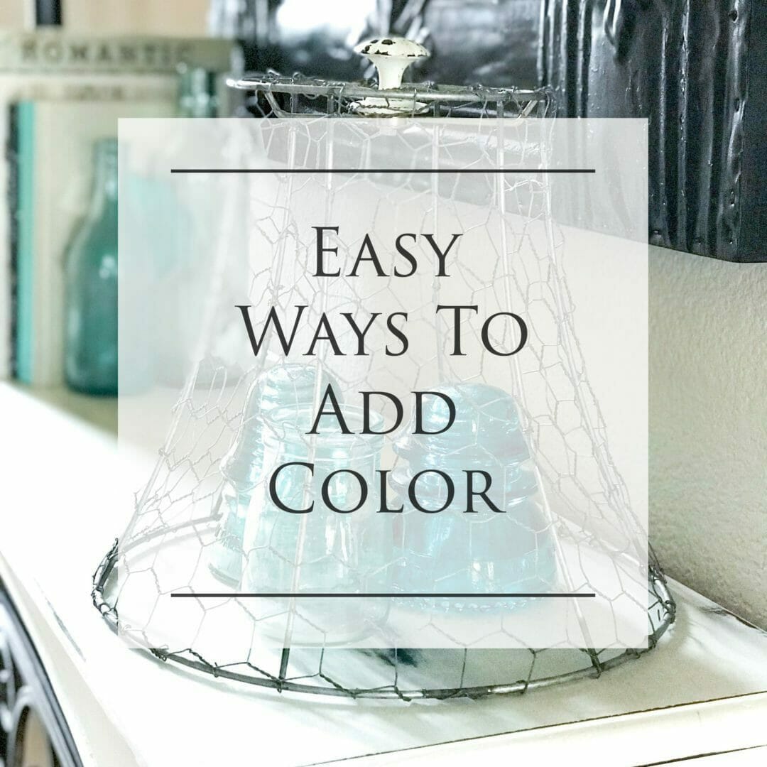 Easy ways to add color for a spring look by CountyRoad407.com #springdecor #vintagedecor #modernfarmhouse #modernfarmhousedecor #usingvintagedecor #Vintagebluebottles #decor #springdecorating