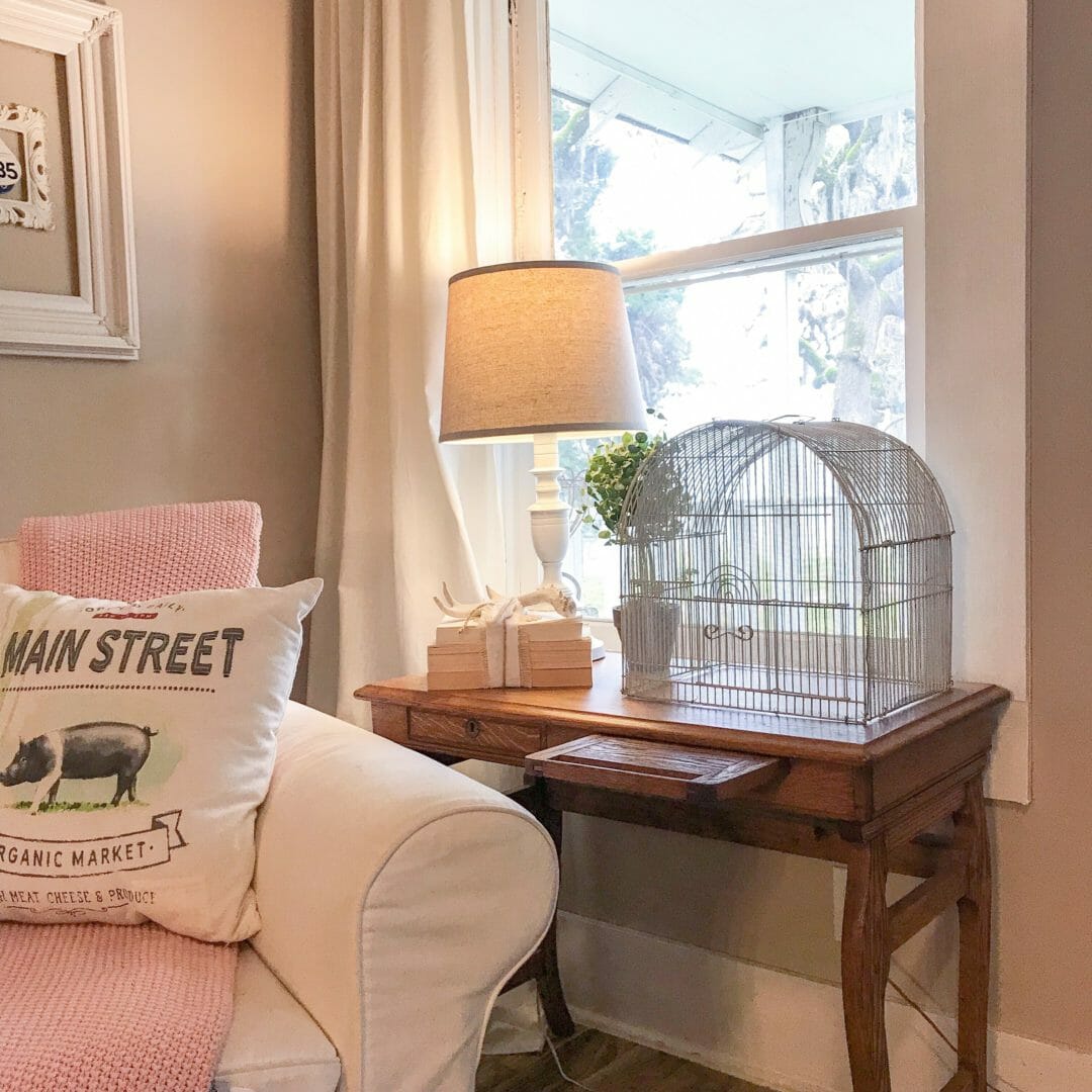 Using a vintage birdcage as a cloche for spring by CountyRoad407.com #vintagebirdcage #clocheideas #springdecoratingideas #springdecor #vintagedecorating #vintagebirdcage #countyroad407