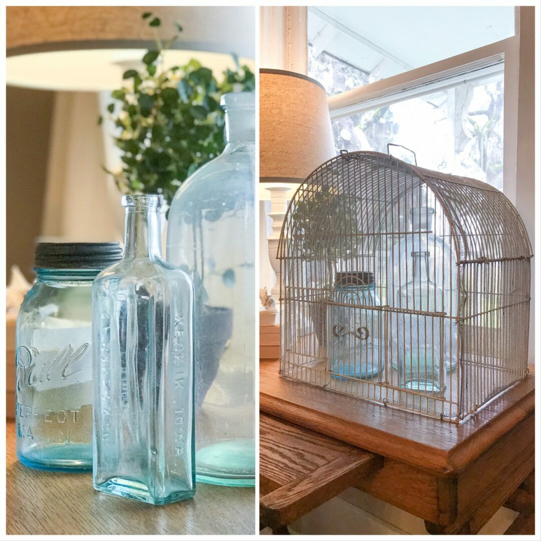 Using a vintage birdcage as a cloche for spring by CountyRoad407.com #vintagebirdcage #clocheideas #springdecoratingideas #springdecor #vintagedecorating #vintagebirdcage #countyroad407