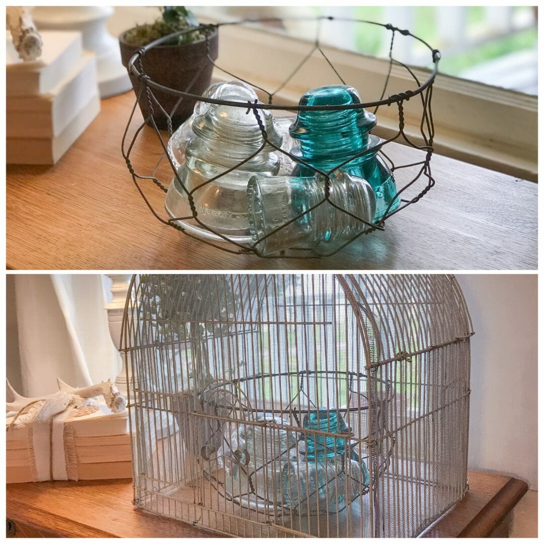 Using a vintage birdcage as a cloche for spring by CountyRoad407.com #vintagebirdcage #clocheideas #springdecoratingideas #springdecor #vintagedecorating #vintagebirdcage #countyroad407