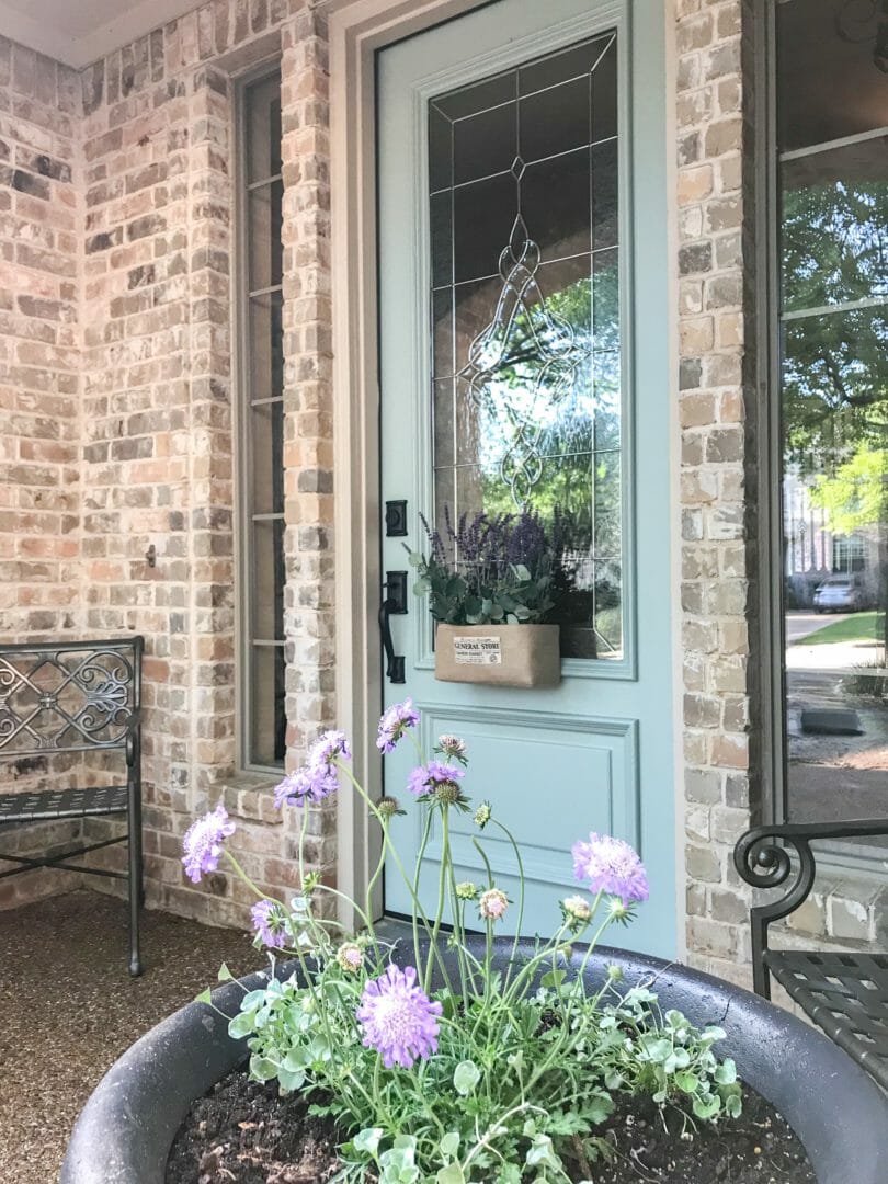 Front door and potted plantspar Season Plus paint by CountyRoad407.com #DIY #Decor #Paint #Valspar #Lowes #Countyroad407 #Paintrefresh #paintreview