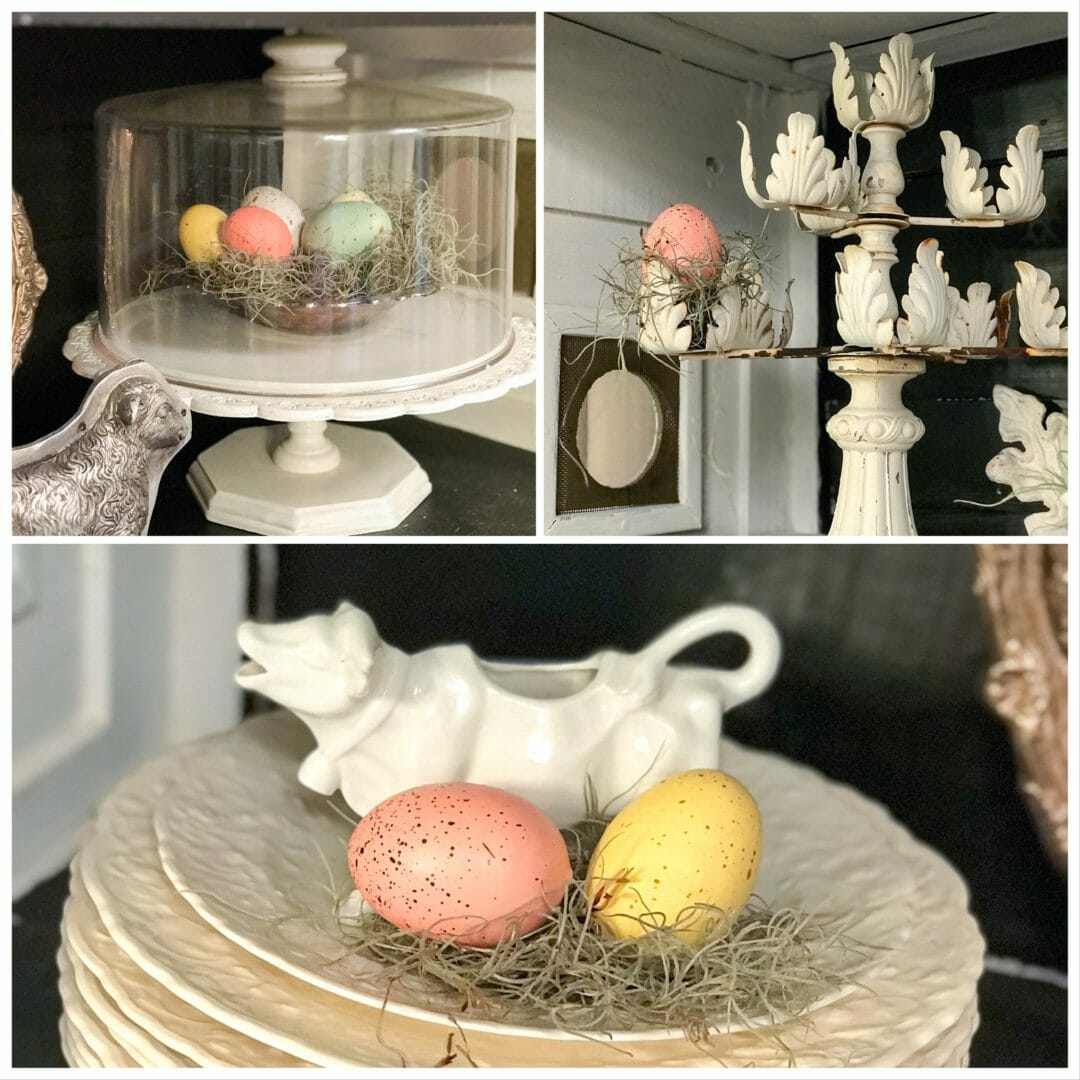 Adding Easter touches to the farmhouse hutch and blog hop by CountyRoad407.com #Easterdecor #Easter #Springdecor #farmhousespring #farmhousedecor #farmhouse #countryliving #CountyRoad407