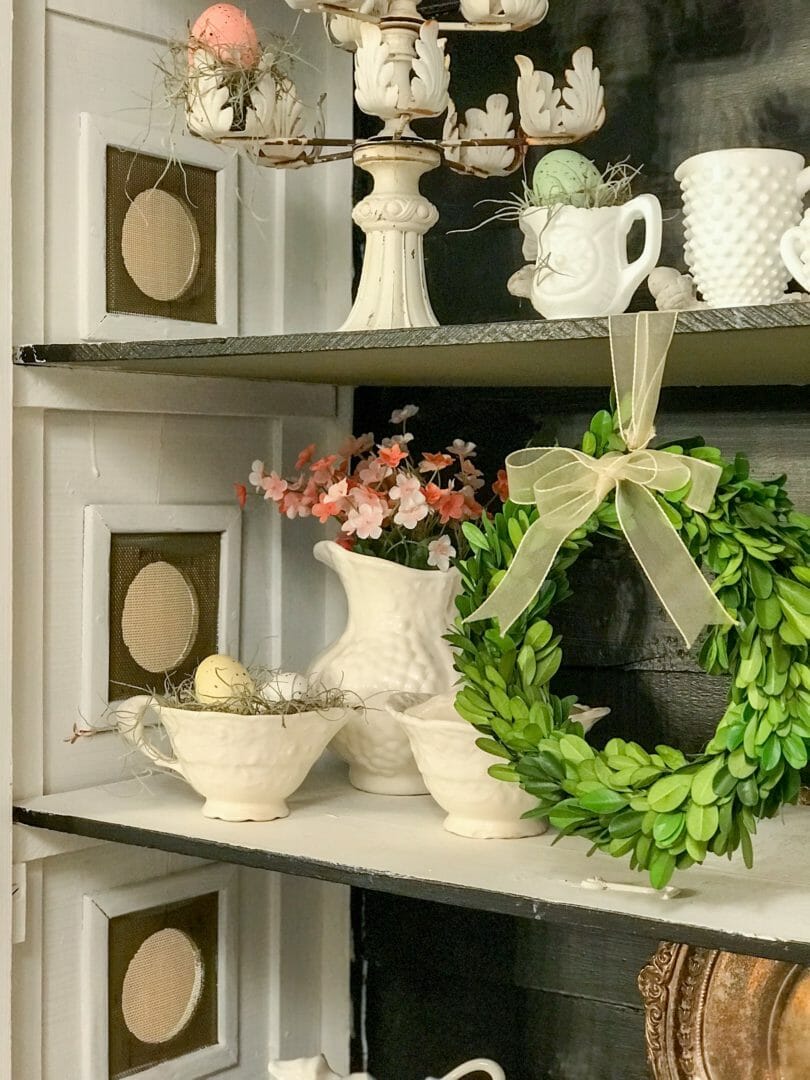 Adding Easter touches to the farmhouse hutch and blog hop by CountyRoad407.com #Easterdecor #Easter #Springdecor #farmhousespring #farmhousedecor #farmhouse #countryliving #CountyRoad407