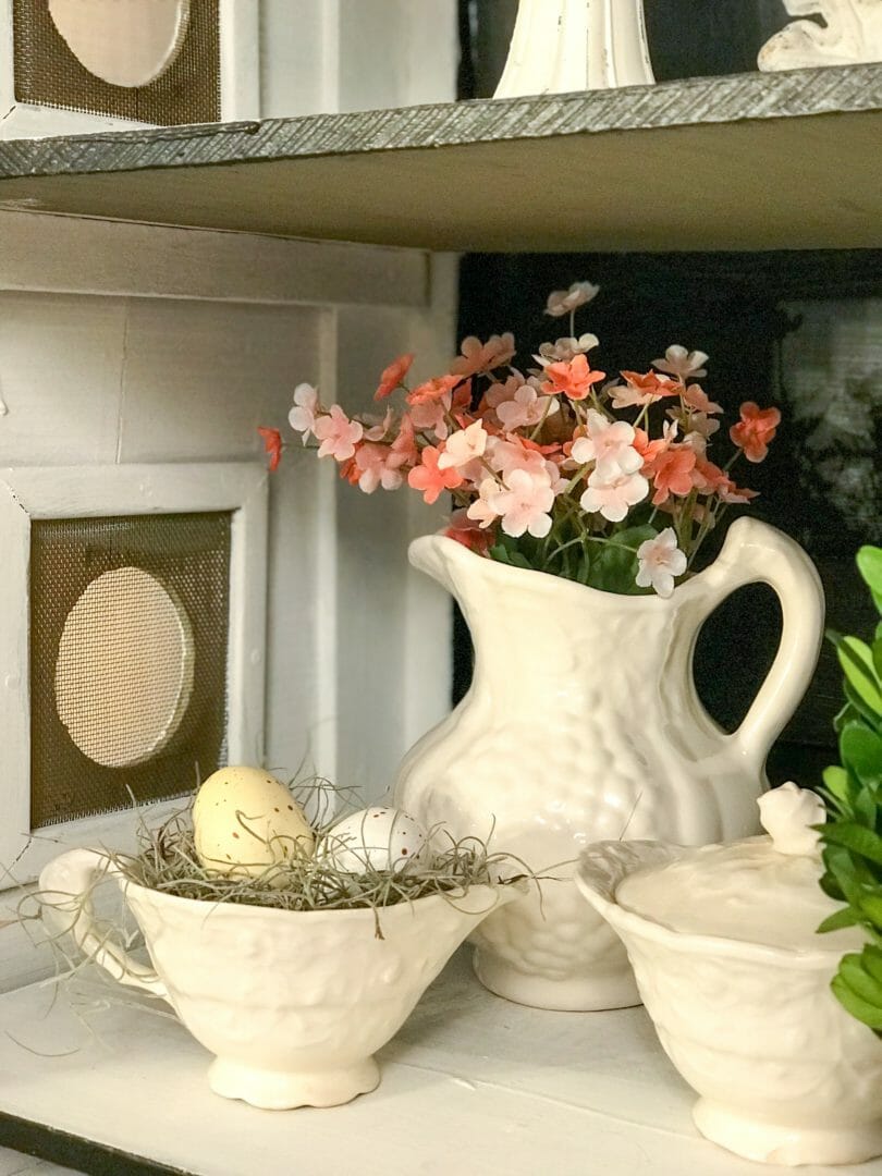 white ironstone pitcher, creamer and sugar bowl with spring flowers and eggs