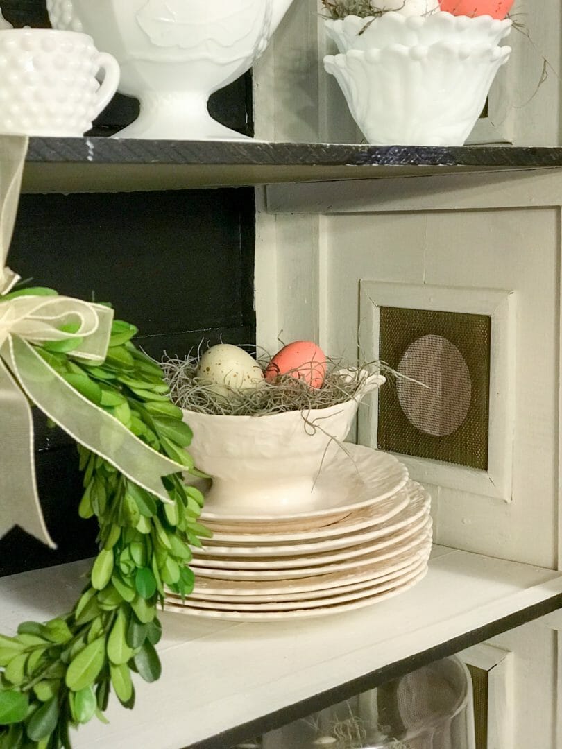 Adding Easter touches to the farmhouse hutch and blog hop by CountyRoad407.com #Easterdecor #Easter #Springdecor #farmhousespring #farmhousedecor #farmhouse #countryliving #CountyRoad407