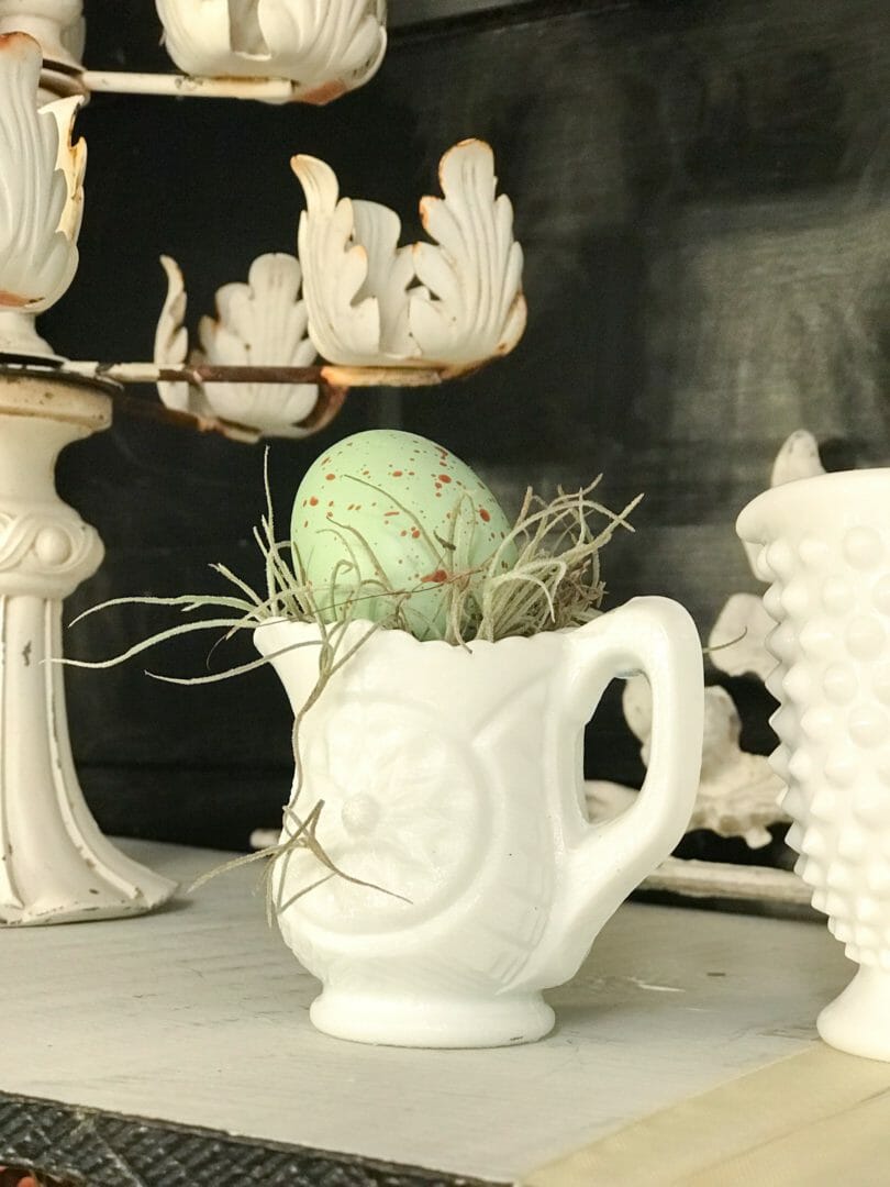 Adding Easter touches to the farmhouse hutch and blog hop by CountyRoad407.com #Easterdecor #Easter #Springdecor #farmhousespring #farmhousedecor #farmhouse #countryliving #CountyRoad407