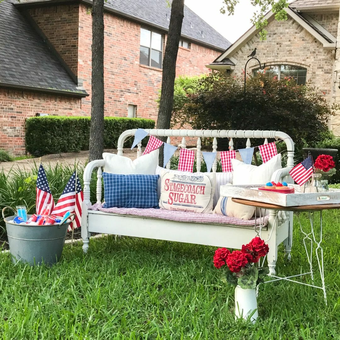 Patriotic Sitting Area with bench and pillows in front yard