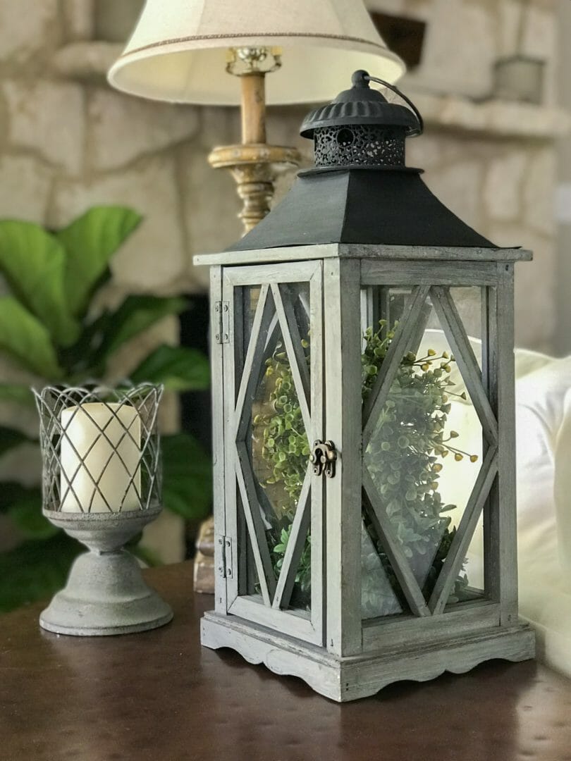 One lantern 4 ways and a Pinterest Challenge by CountyRoad407.com #Lanternideas #PinterestChallenge #Vignetteideas #tablevignette #CountyRoad407