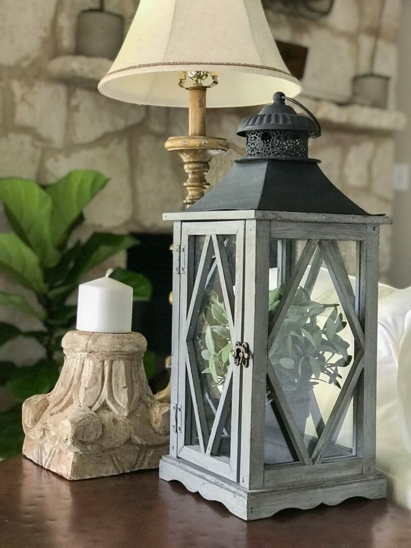 One lantern 4 ways and a Pinterest Challenge by CountyRoad407.com #Lanternideas #PinterestChallenge #Vignetteideas #tablevignette #CountyRoad407