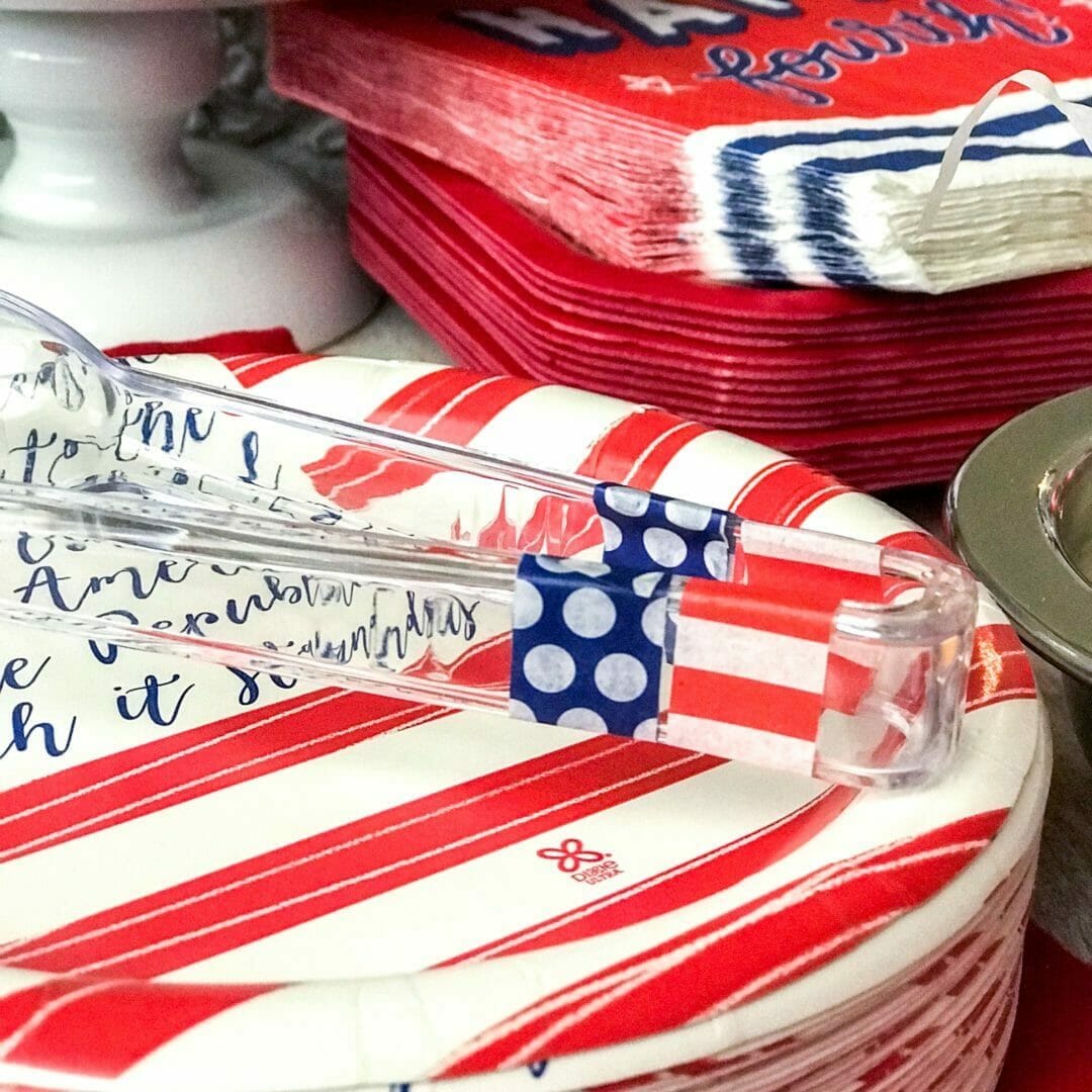 flag paper plate with clear tongs with washi-tape