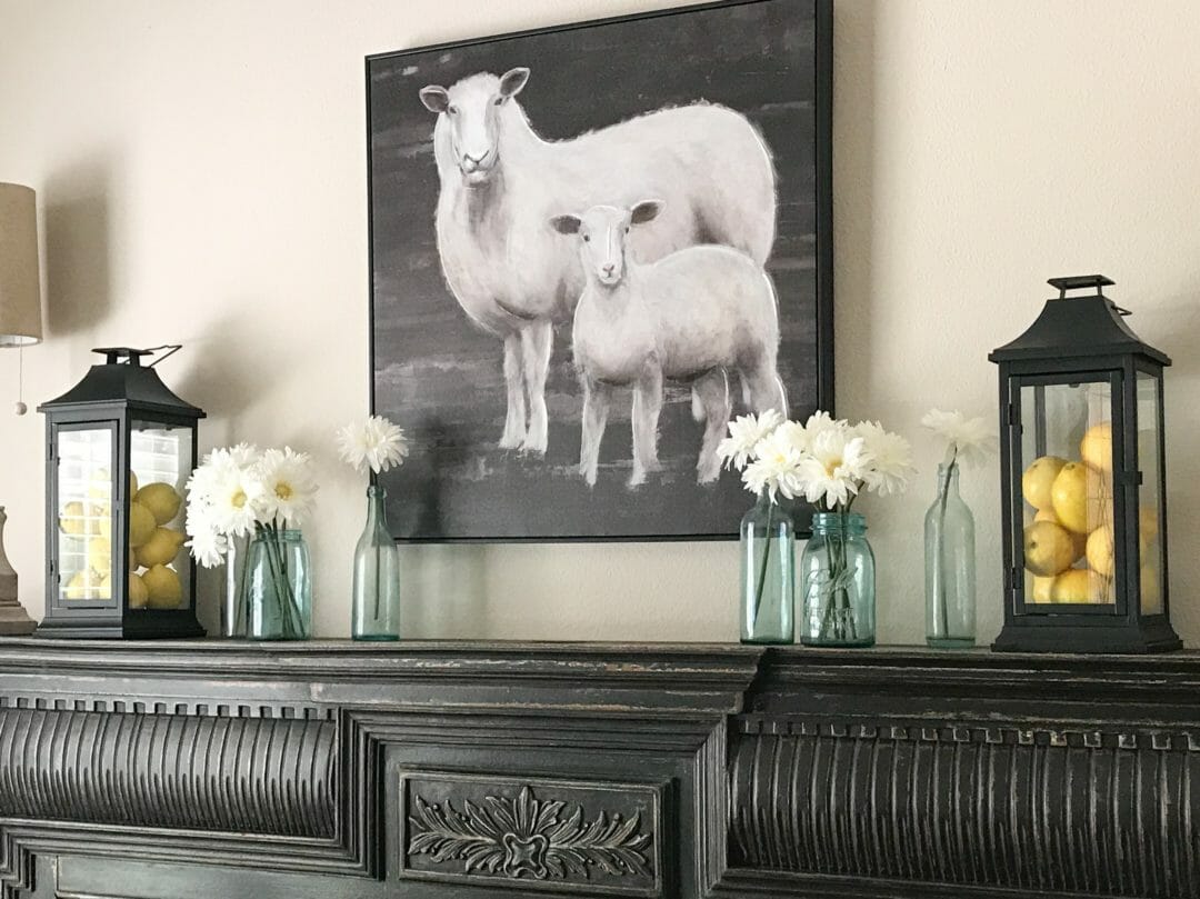 A mantel refresh with lemons and a Pinterest Challenge by CountyRoad407.com. #PinterstChallenge #summermantel #summermantelideas #countyroad407 #summerdecorideas