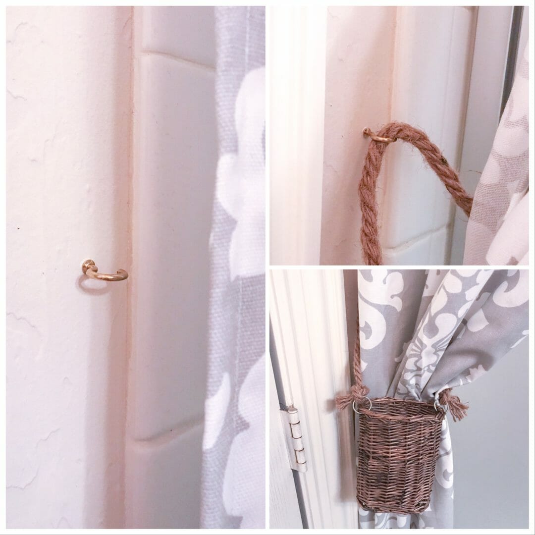 collage of brass wall hook and basket tie back