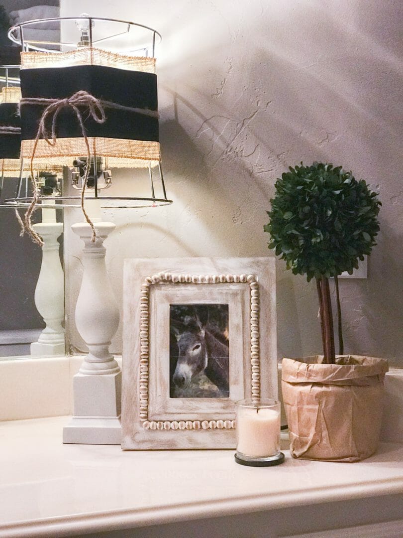 lamp, framed photo, candle and topiary