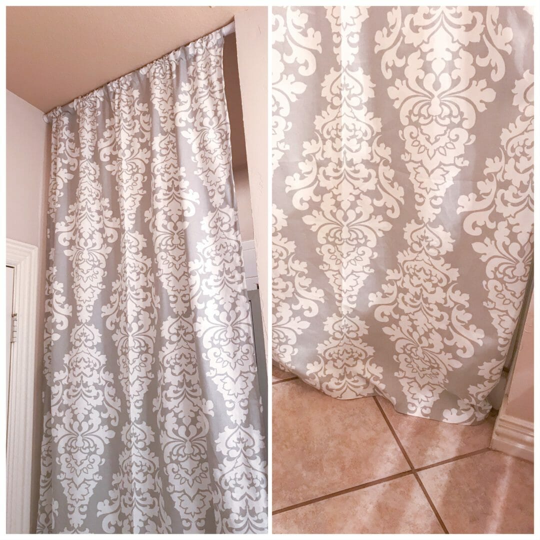 Collage of curtain hanging in bathroom