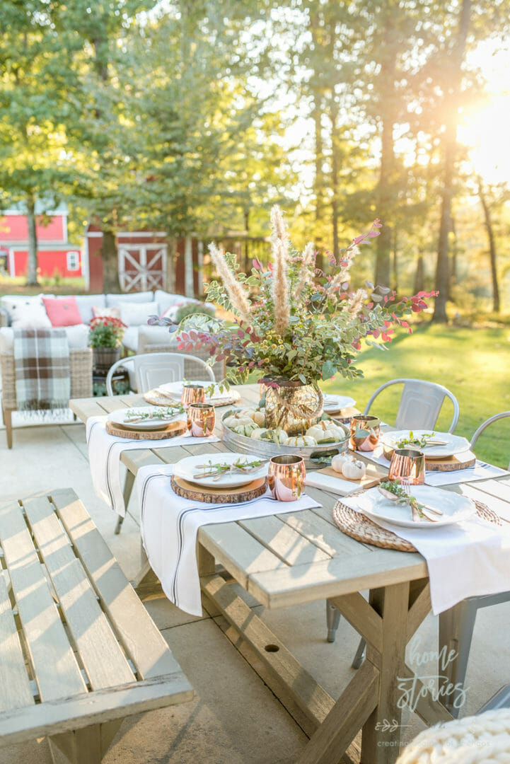 outdoor fall tablescape on a picnic table with a barn in background