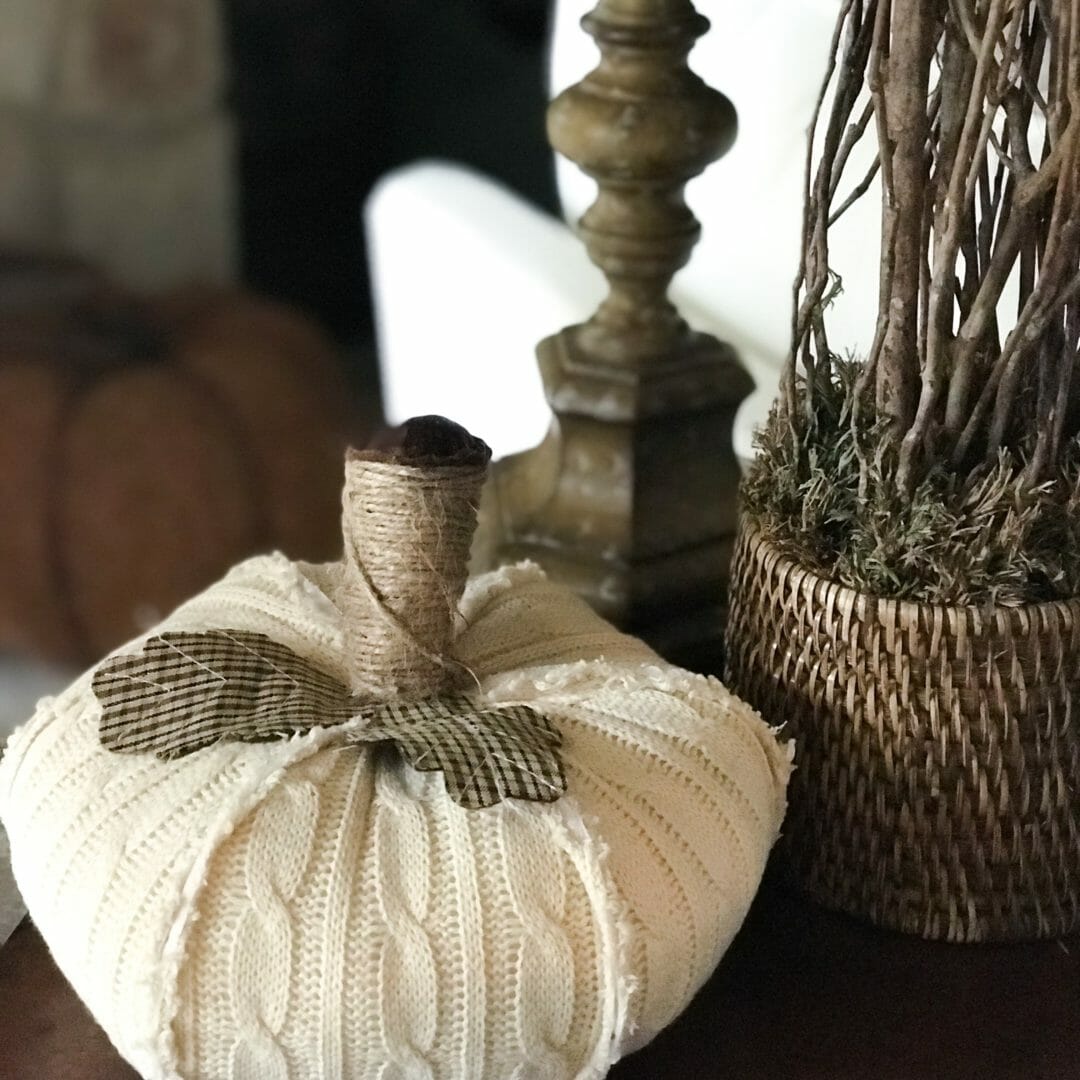 Twine stemmed pumpkin with plaid leaves on table