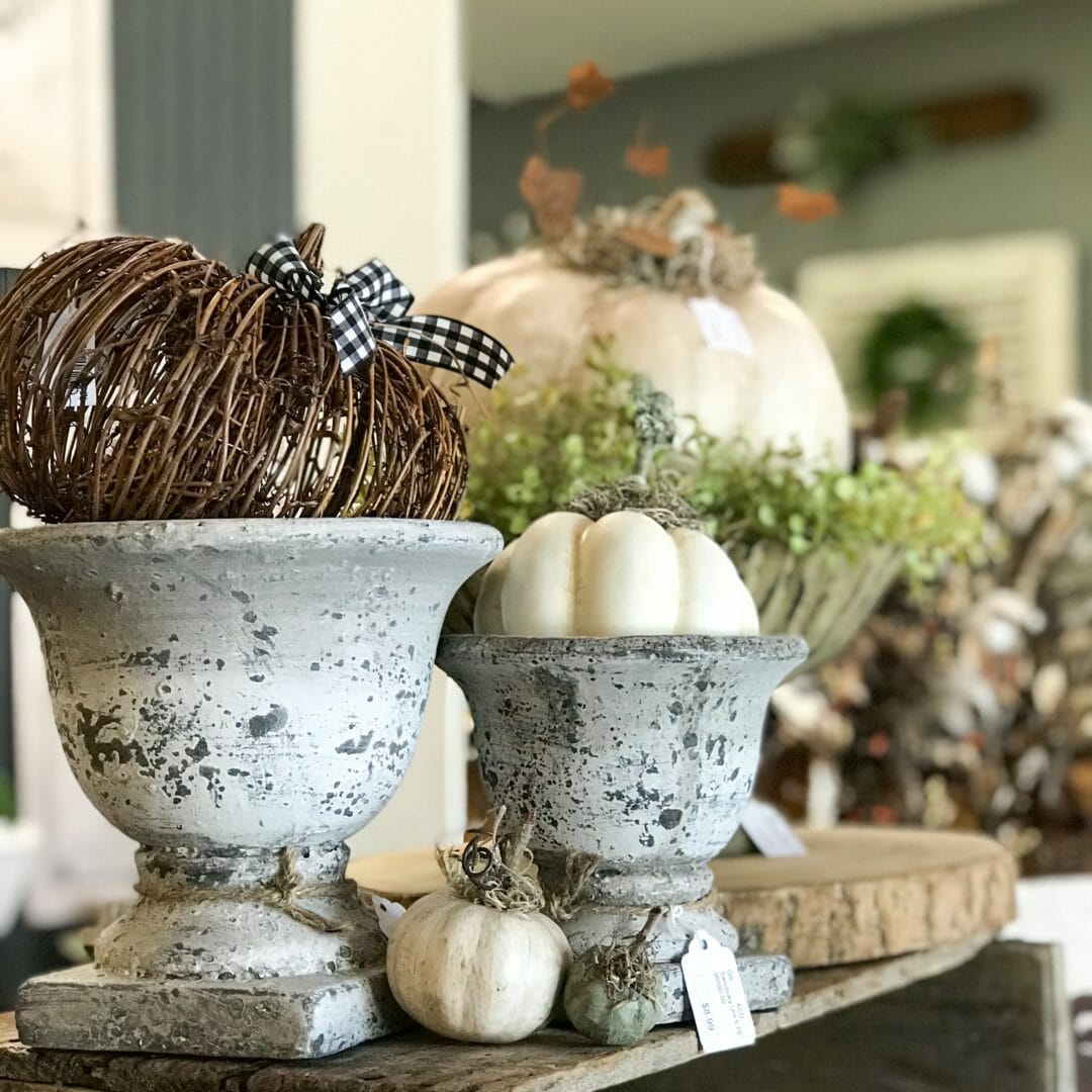 various pumpkins on urns at Kerr's home