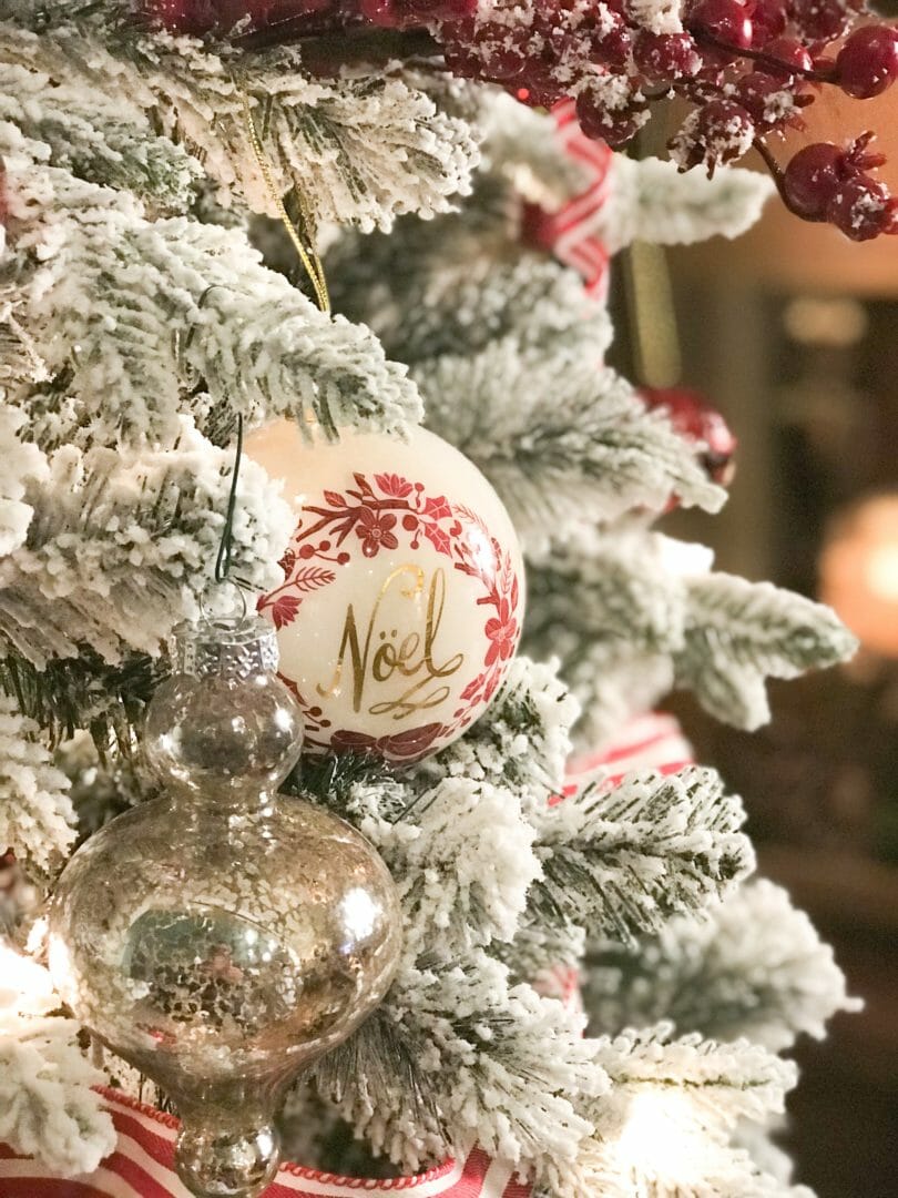 Noel ornament on tree