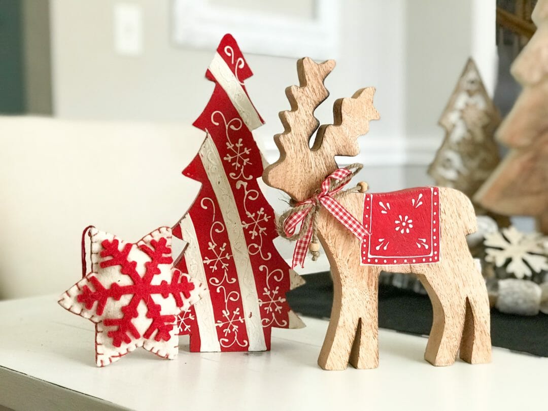 Wooden deer, tree and snowflake ornament