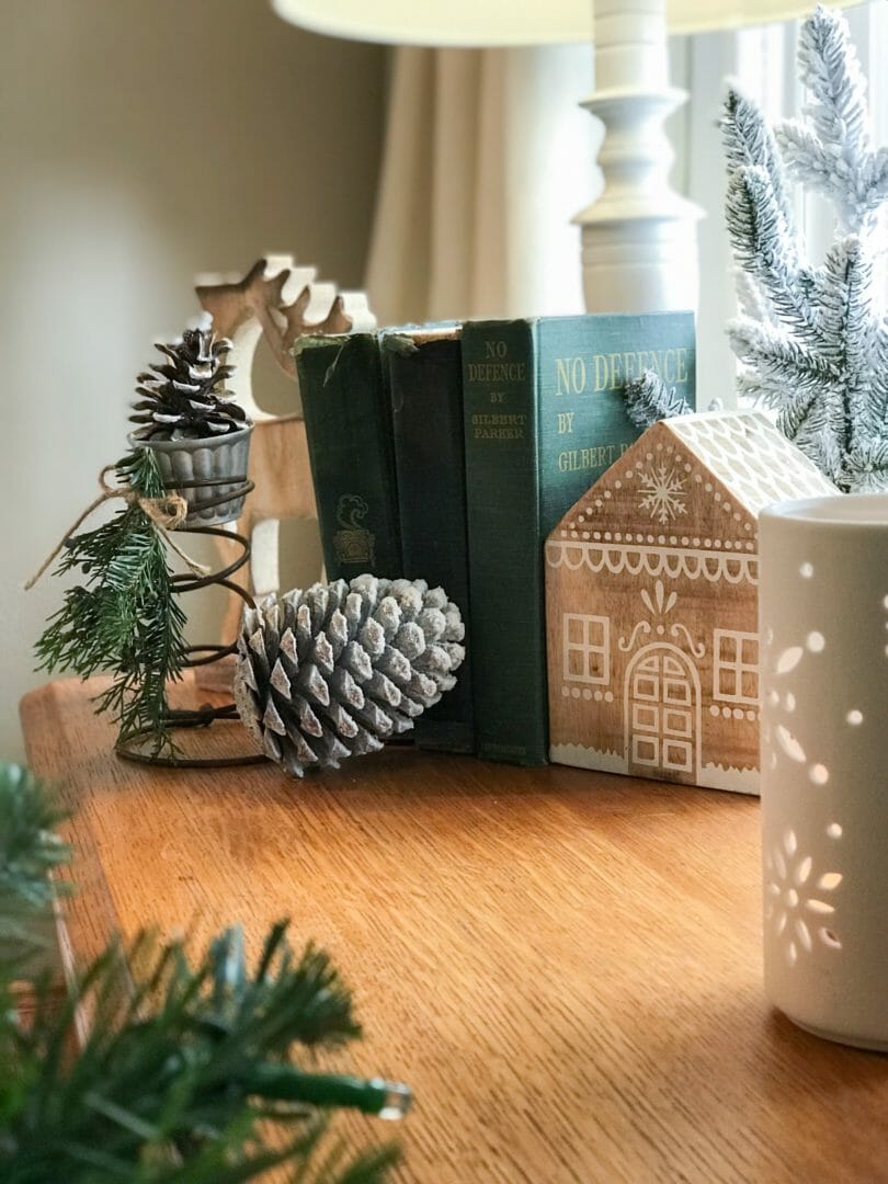 Christmas books, wooden house and pinecones