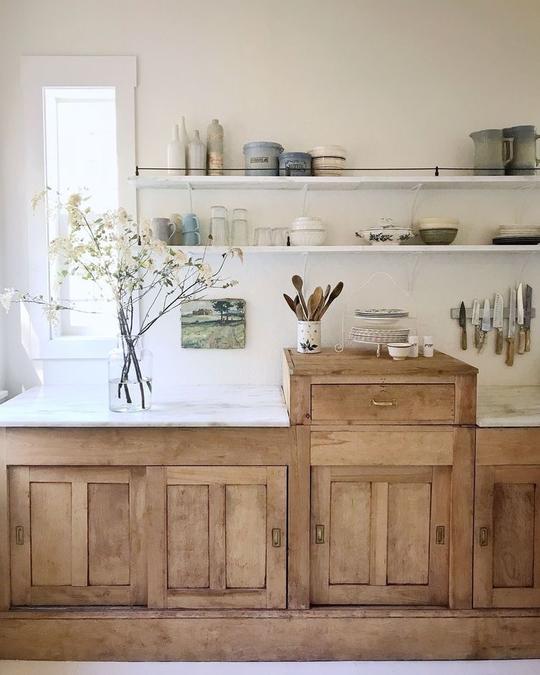natural wood kitchen cabinets with open shelving