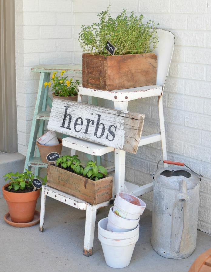 vintage stool with plants and pots