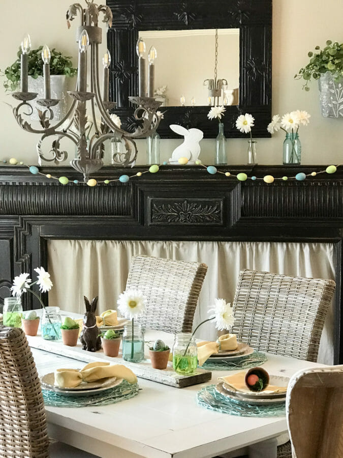 full view of mantel and Easter dining room table