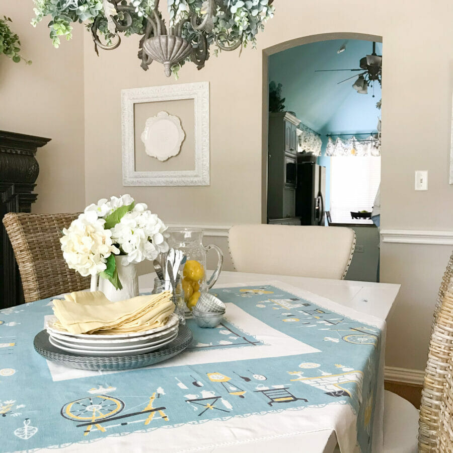 Everyday Summer Dining Room with vintage blue tablecloth