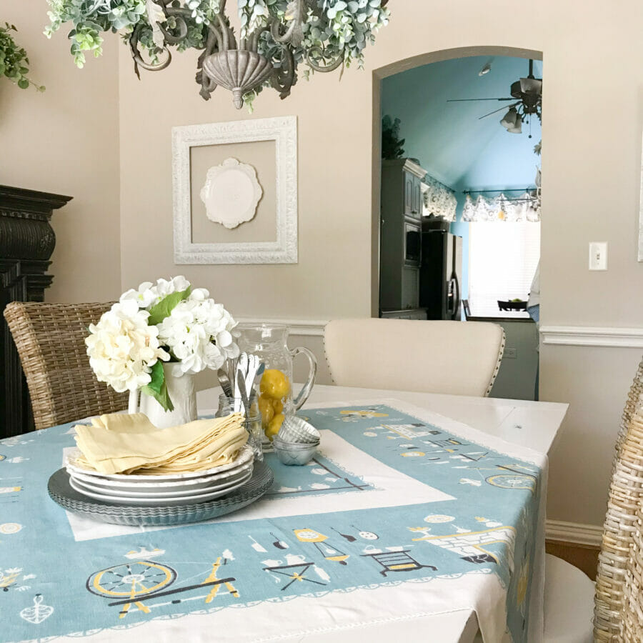Everyday Summer Dining Room with vintage blue tablecloth 