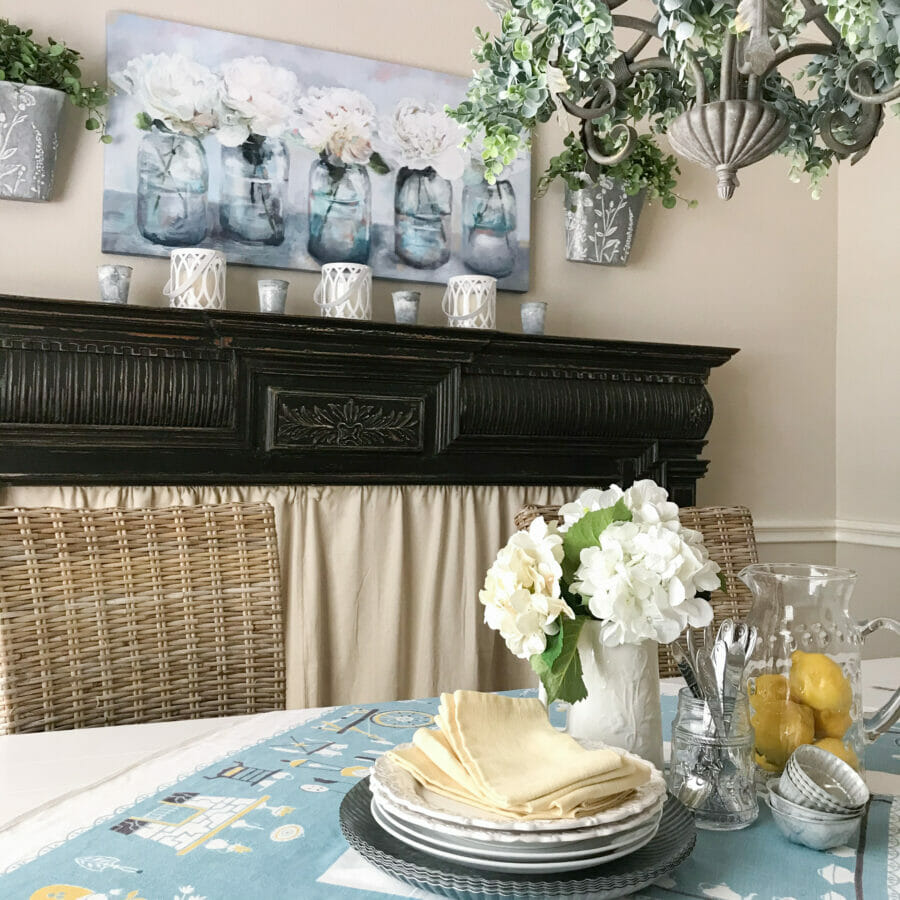 Dining Room mantel with floral print and dish centerpiece