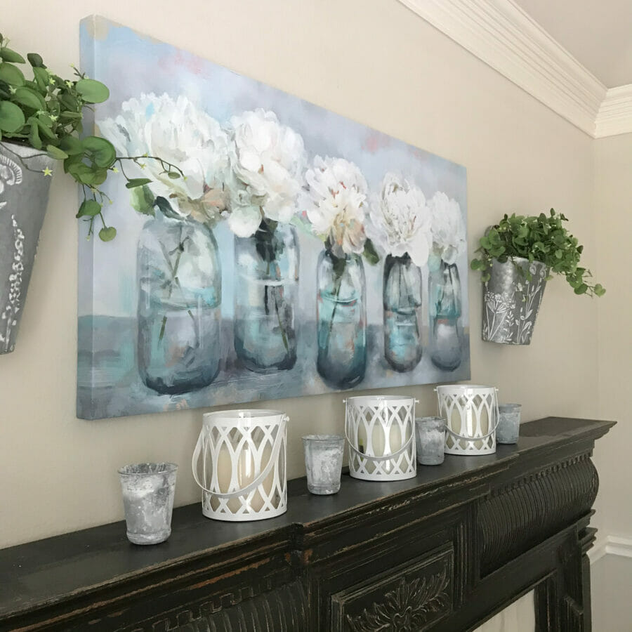 Summer Dining Room Mantel with floral print and lanterns